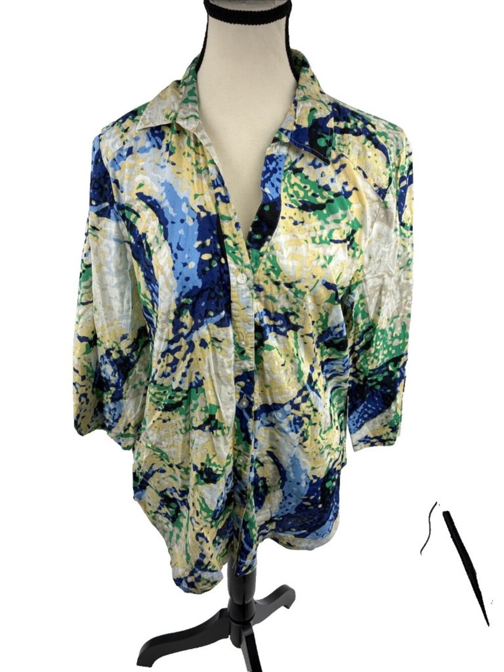 Chicos Womens Button Down Shirt Size M Colorful Abstract Print 3/4 Sleeve Top